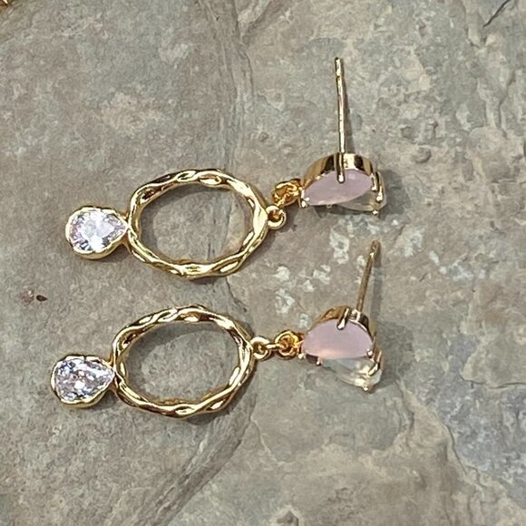 Plated Hammered Gold with Cubic Zircon Stone Stud Earrings - Picture 8 of 10